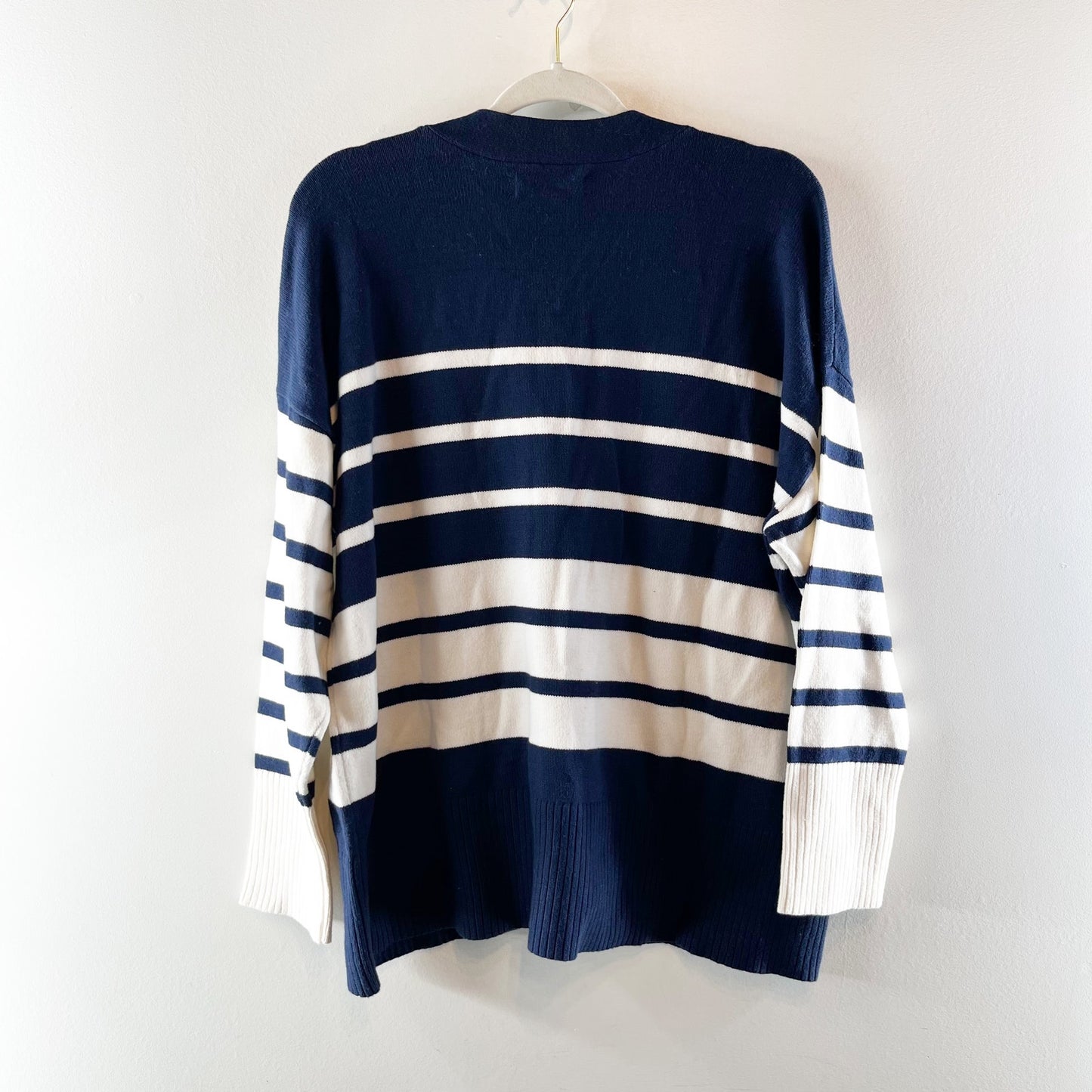 LOFT Cotton Blend Long Sleeve V Neck Striped Cardigan Sweater Navy Blue White XL