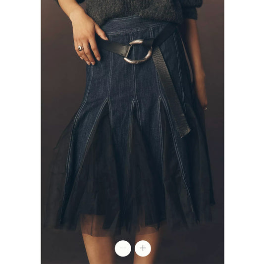 Pilcro Anthropologie Tulle Godet Denim Midi Skirt Blue Black 4