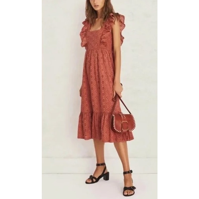 Ba&sh Byrd Broderie Eyelet Ruffle Midi Dress Terracotta Pink Small