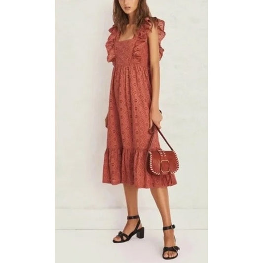Ba&sh Byrd Broderie Eyelet Ruffle Midi Dress Terracotta Pink Small