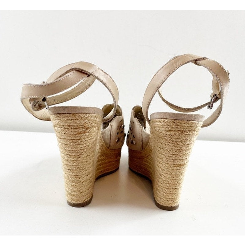 Marc Fisher Hata Laser Cut Studded Espadrille Wedge Sandals Heels Tan Beige 8