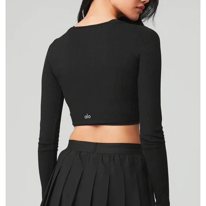 ALO Cropped Whisper Ribbed Cardigan Sweater Long Sleeve Black Small