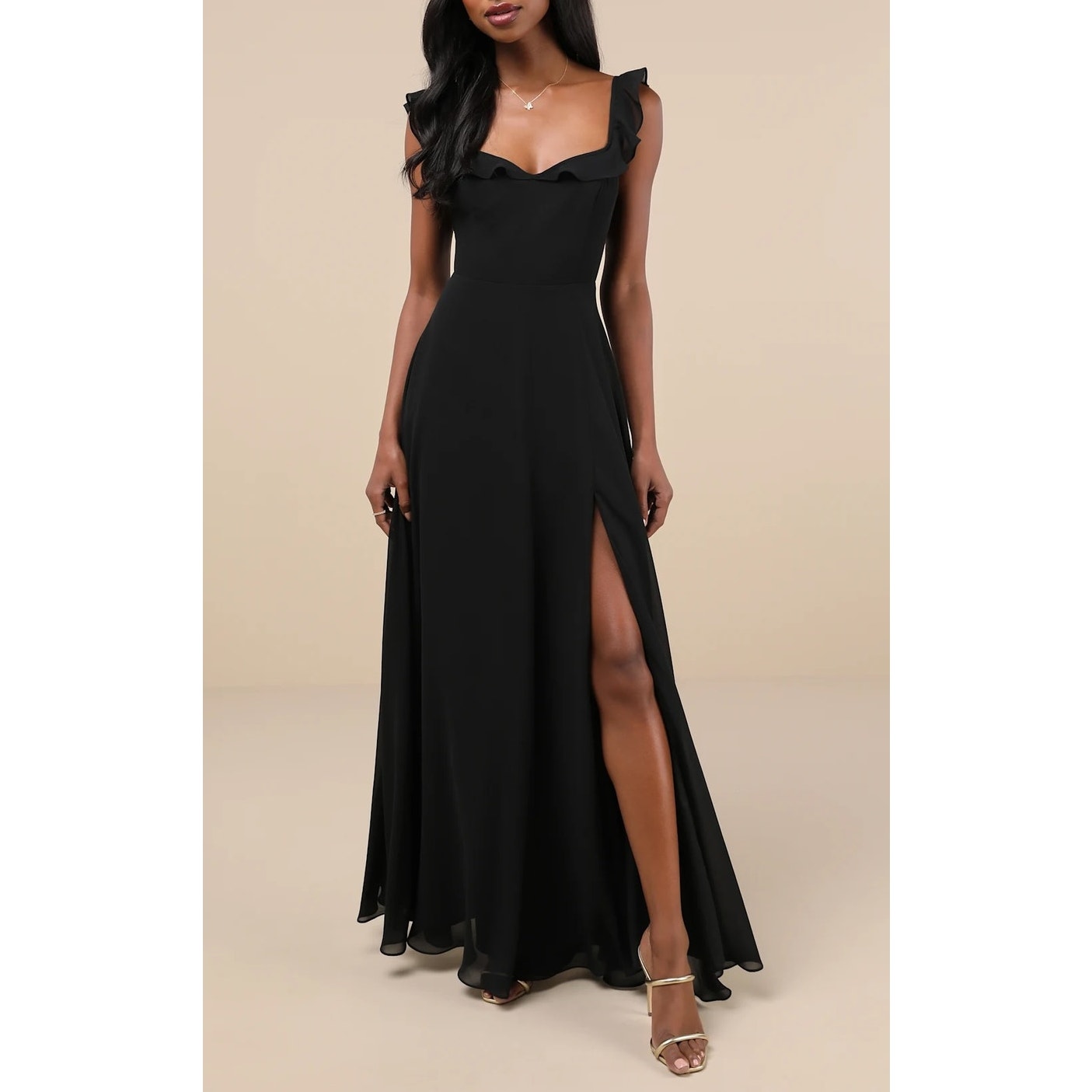 Lulus Dreamy Admiration Long Ruffled Slit Maxi Dress Gown Black Small