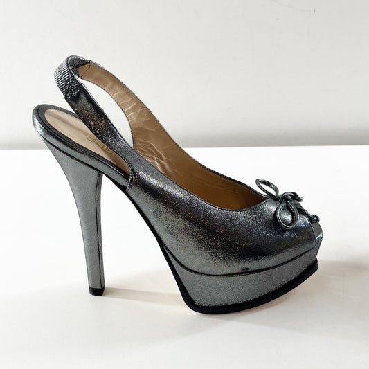 Fendi Metallic Glitter Fendista Peep Toe Stilettos Slingback Pumps Silver 38