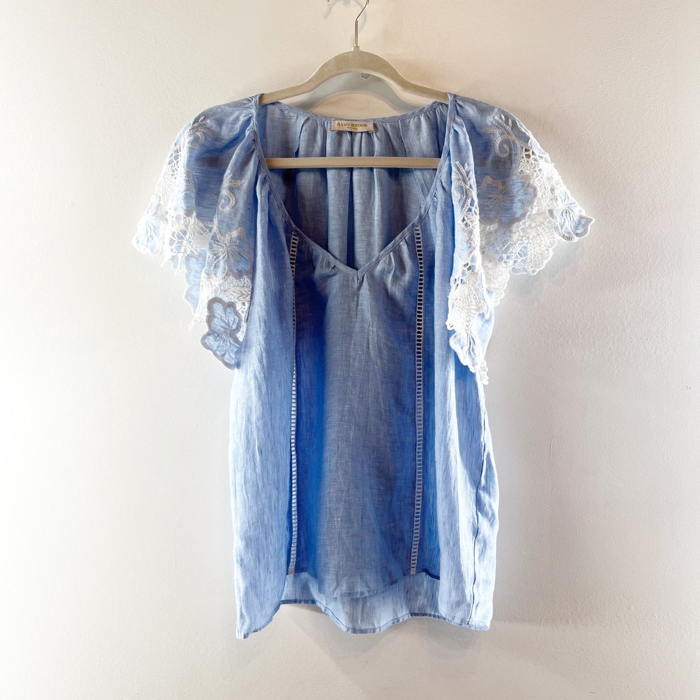 Ramy Brook Hillary Crochet Trim Flutter Sleeve Linen Blouse Top Blue Medium