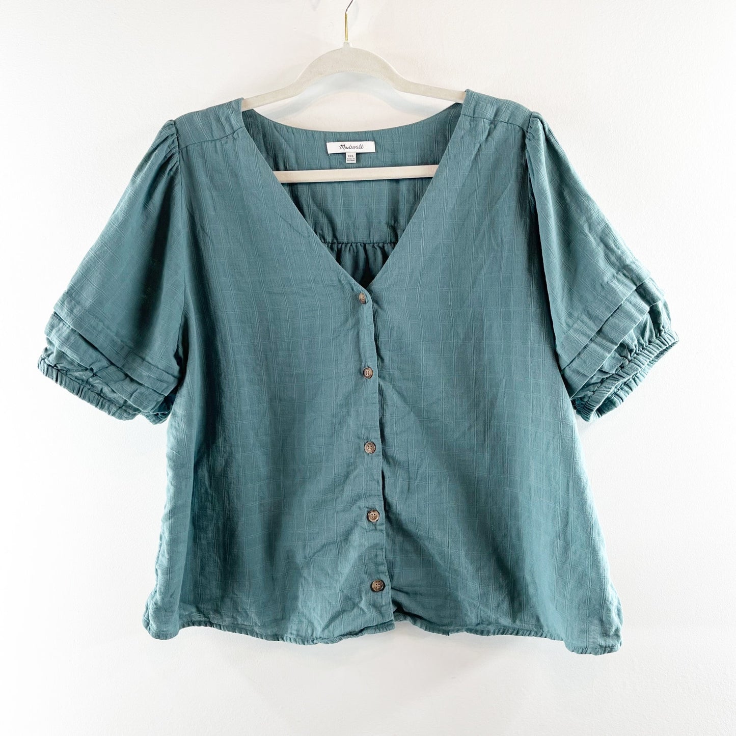 Madewell Cotton Button Up Pembroke Short Sleeve Top Blouse Green XXL