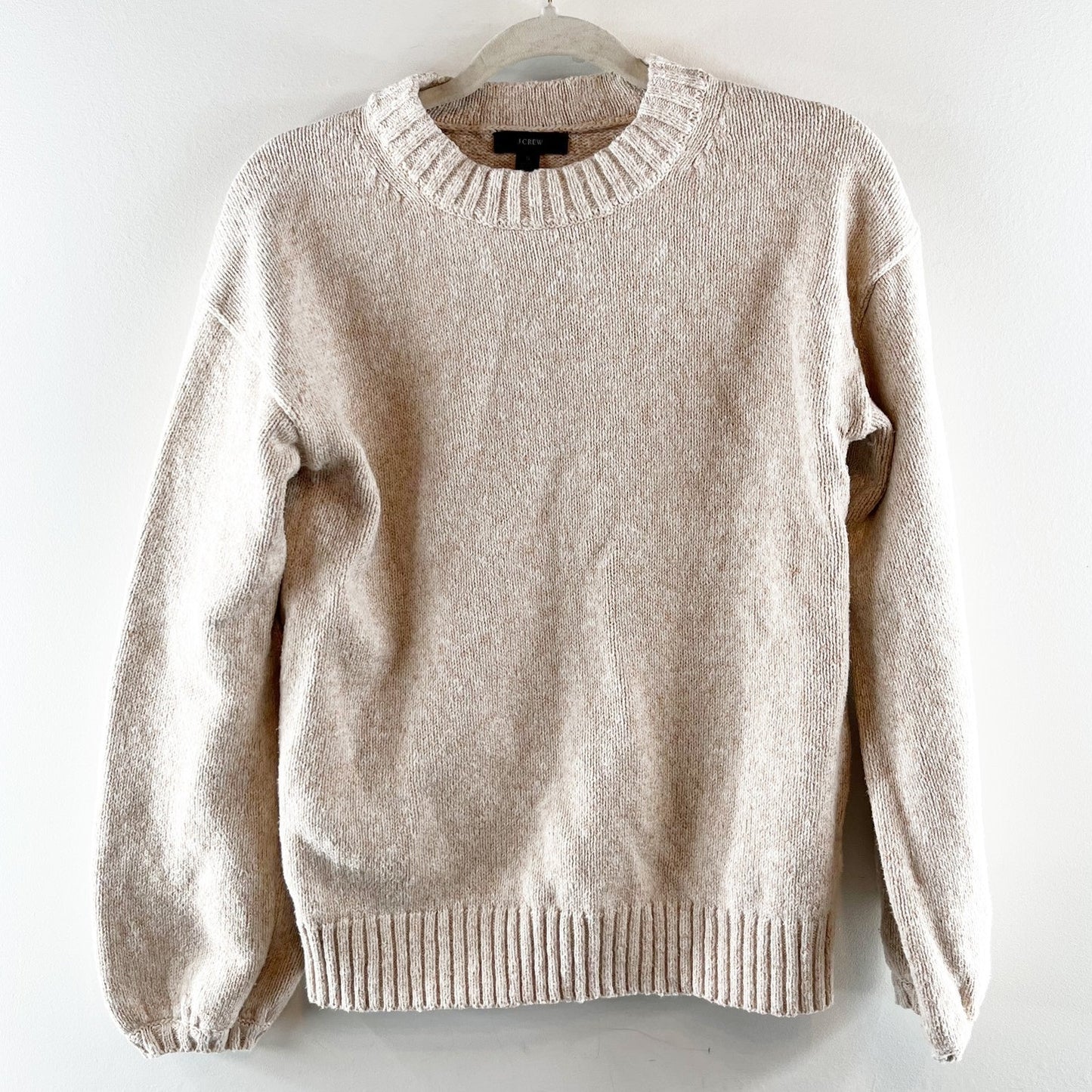 J. Crew Marled Ribbed Trim Crewneck Cotton Sweater Tan Beige Small