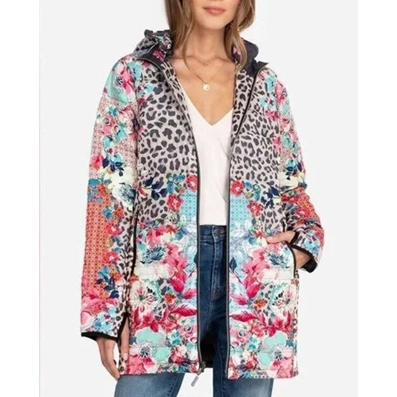 Johnny Was Lubello Reversible Full Zip Leopard Floral Puffer Jacket Black Large