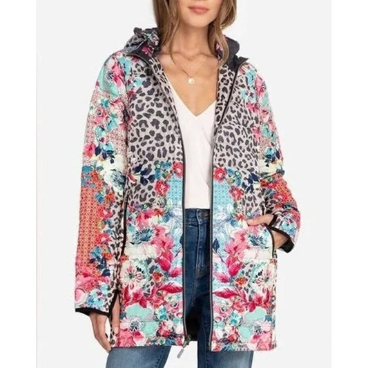 Johnny Was Lubello Reversible Full Zip Leopard Floral Puffer Jacket Black Large