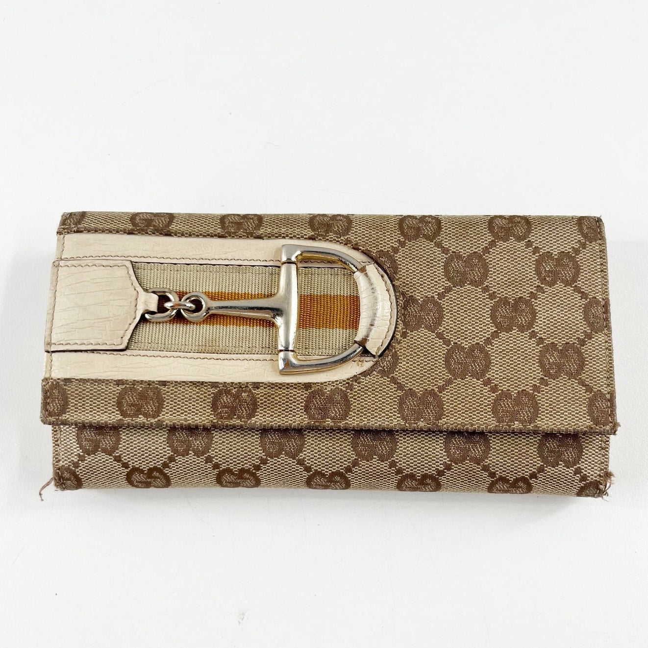 Gucci GG Web Hasler Continental Canvas Horsebit Wallet Tan Beige