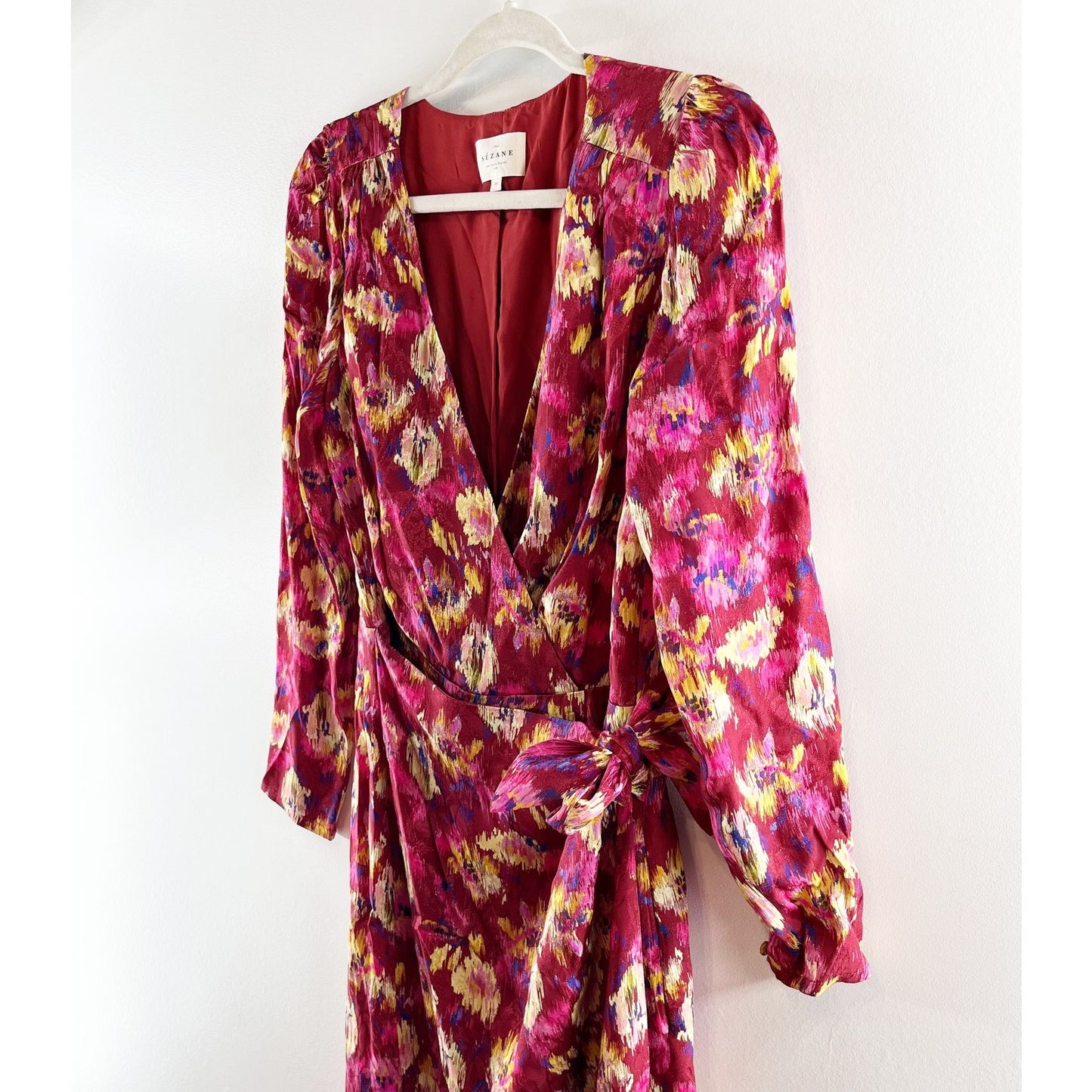Sezane Long Sleeve V Neck Floral Wrap Midi Dress Pink Red 38 / US 6