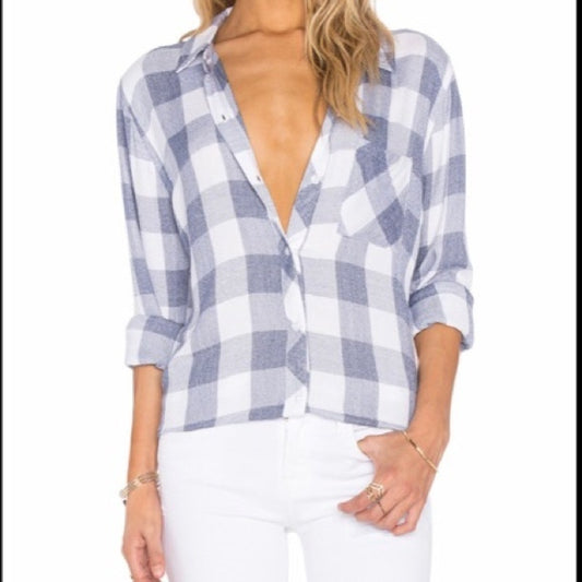 Rails Hunter Long Sleeve Button Up Shirt River White Check Plaid Blue Small