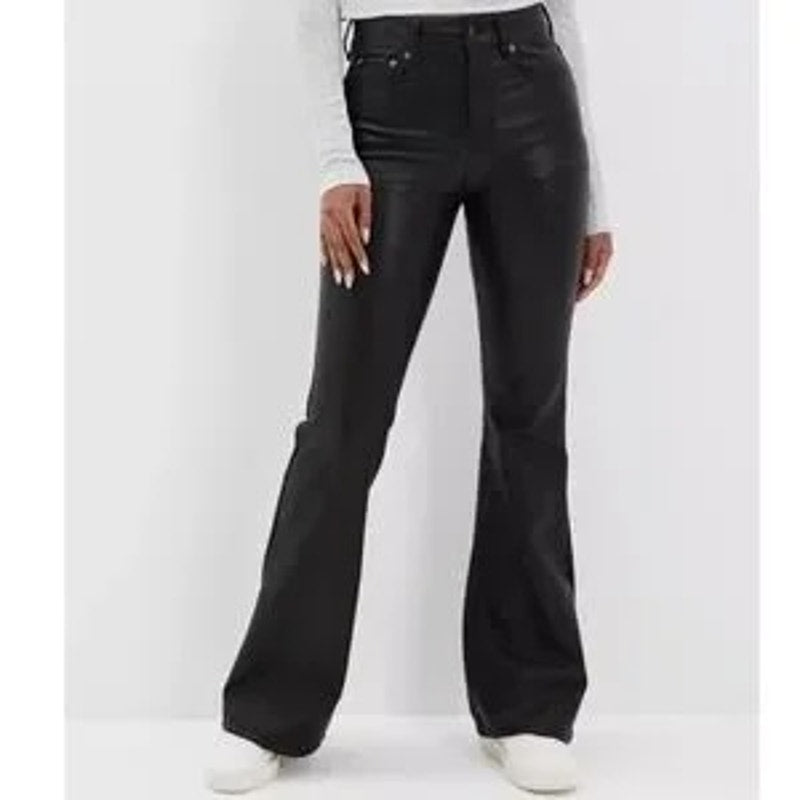 American Eagle Super High Rise Flare Faux Leather Pants Black 00 Short