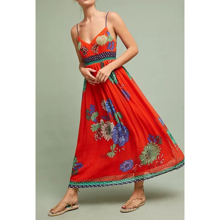 Maeve by Anthropologie Ikebana Floral Sleeveless V-Neck Maxi Dress Orange 12