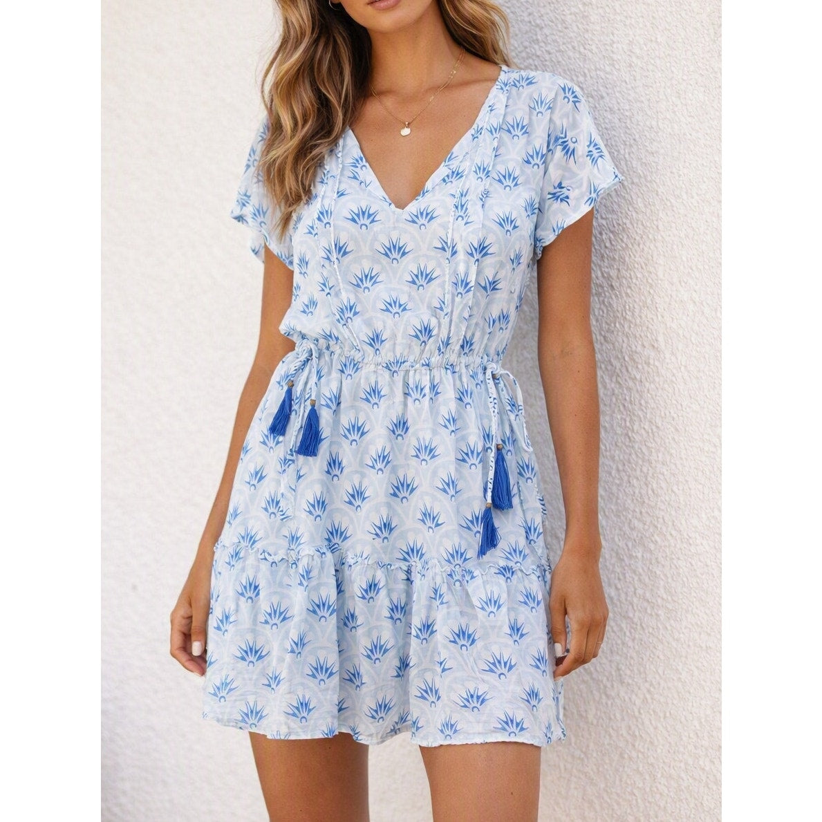 Oliphant Tuckernuck Cotton Printed Short Sleeve Cinch Waist Mini Dress Blue Med