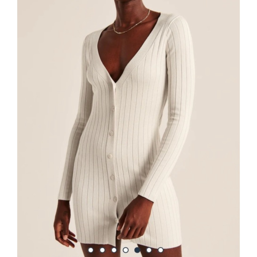 Abercrombie Long Sleeve V Neck Ribbed Sweater Cardigan Mini Dress Cream XS