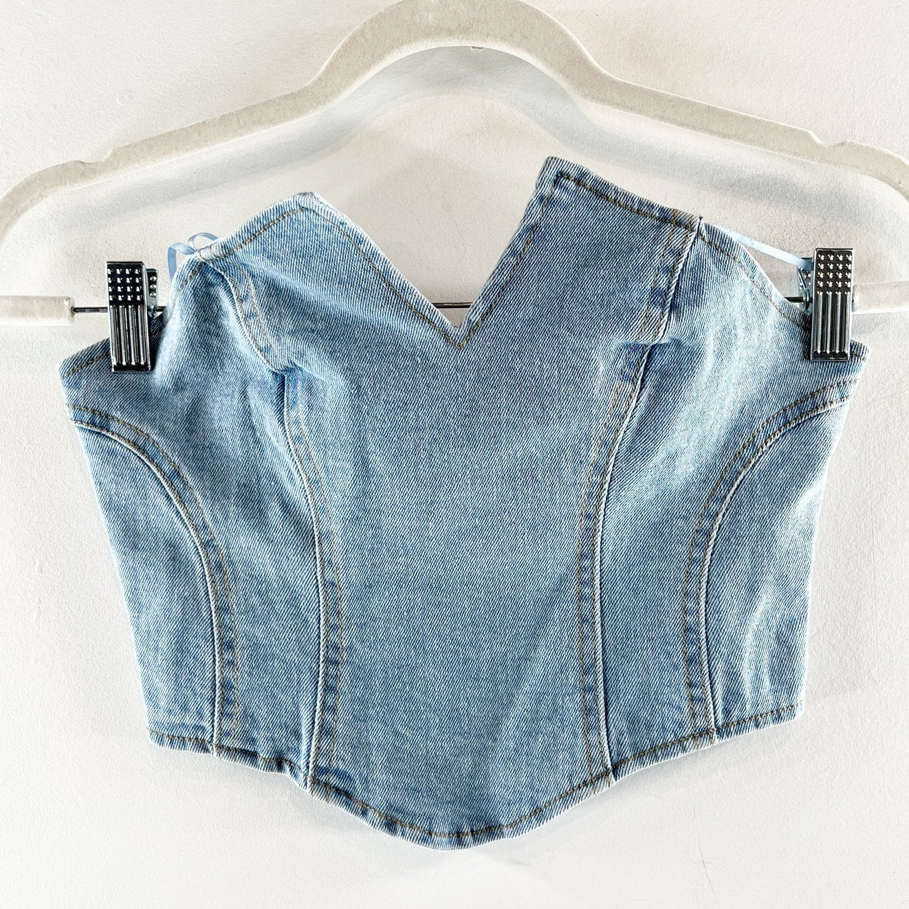 Bobbles & Lace Break Free Faded Denim Cropped Tube Corset Top Blue Small