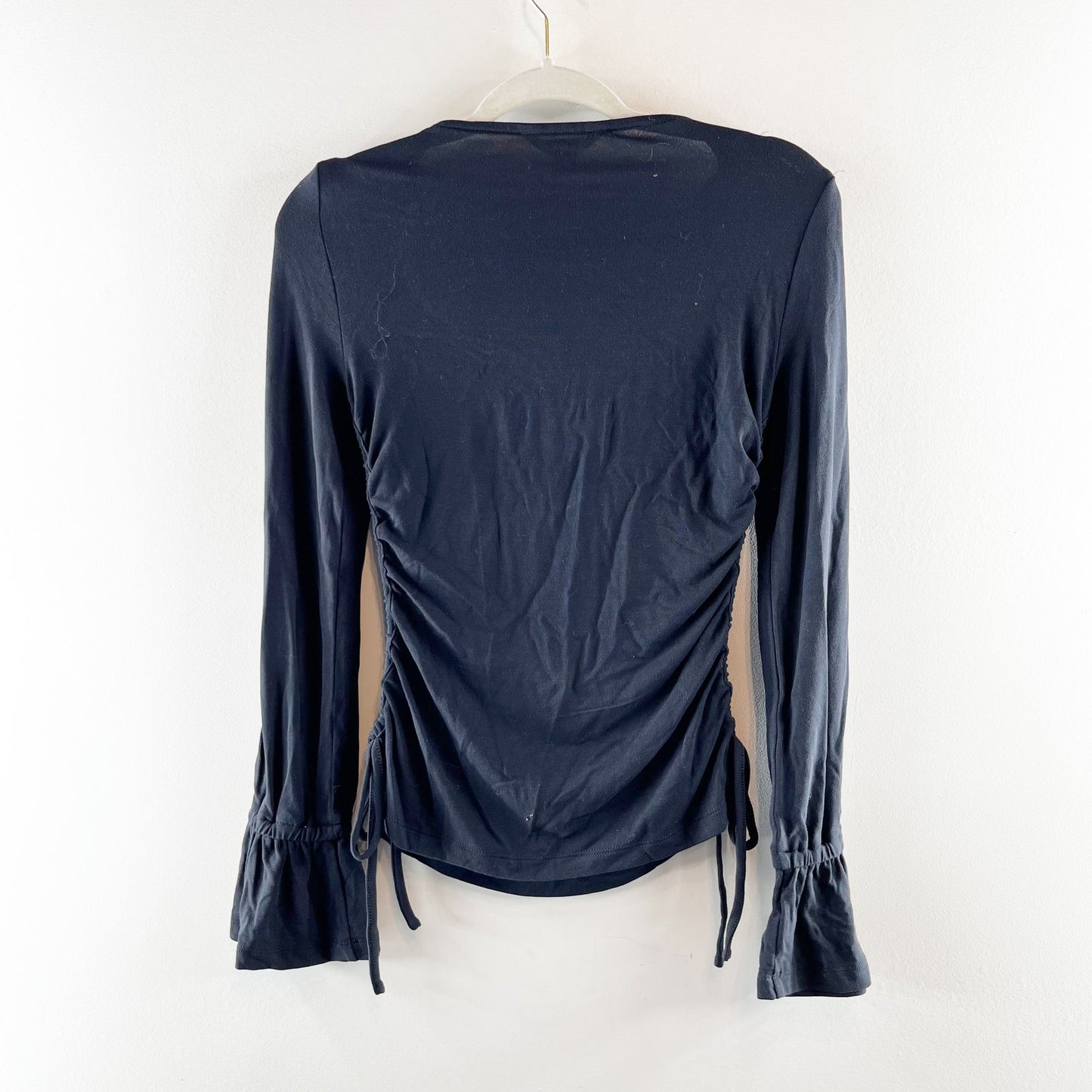 Maeve Anthropologie Long Sleeve Ruffle Scoop Neck Ruched Top Black Small