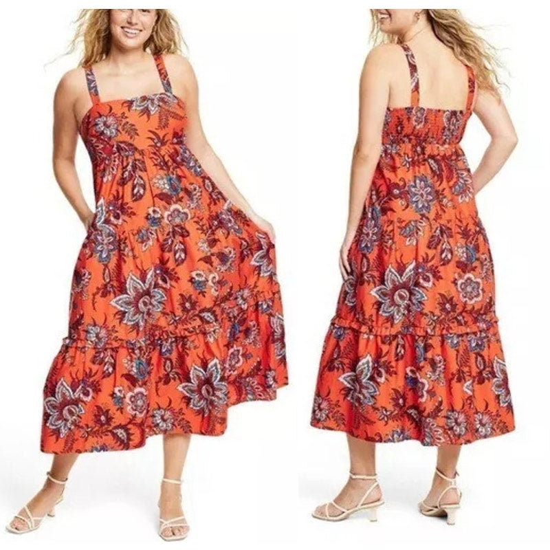 RHODE x Target Leafy Floral Print Tiered Poplin Midi Sundress Orange Plus 1X