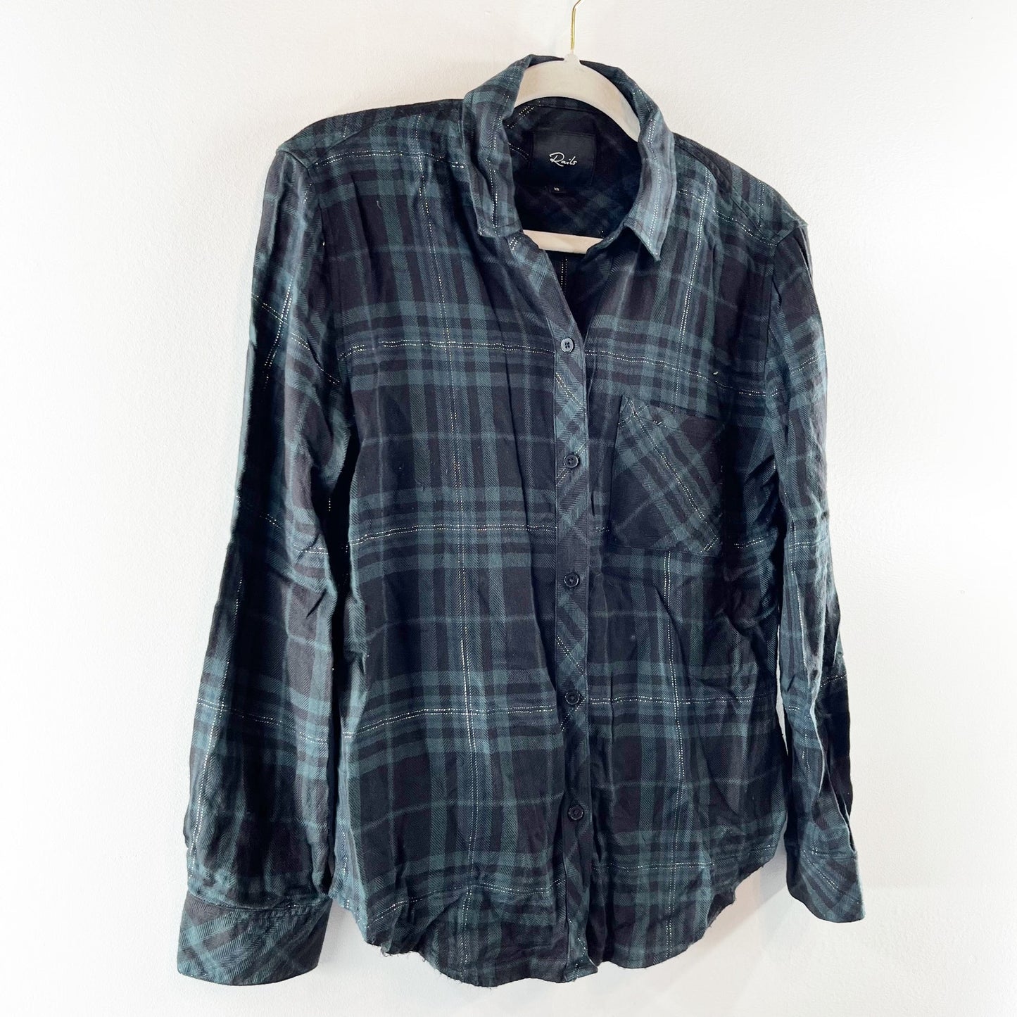 Rails Hunter Button Down Plaid Flannel Long Sleeve Forest Tinsel Slate Green XS