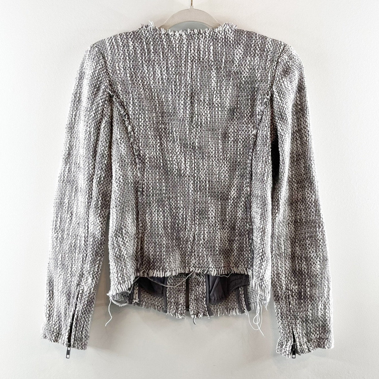 Joie Collins Long Sleeve Raw Cut Full Zip Tweed Blazer Jacket Gray/White Medium