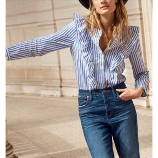 Madewell Long Sleeve Cotton Ruffle Button Up Whitney Top Blouse Blue White XL