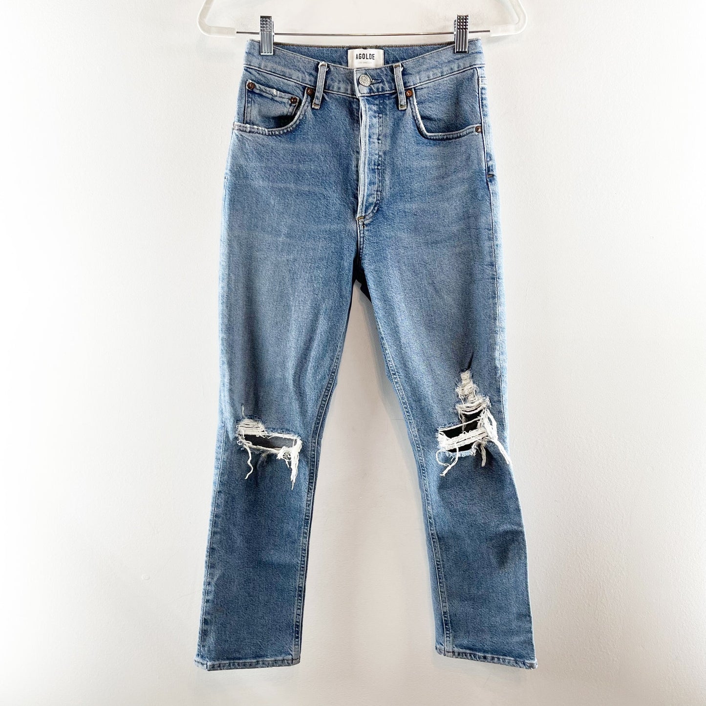 AGOLDE Riley Mid Rise Button Fly Busted Knees Straight Leg Jeans Blue 25
