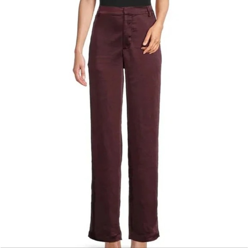 Good American High Rise Wide Leg Washed Satin Pants Malbec Burgundy Red 4