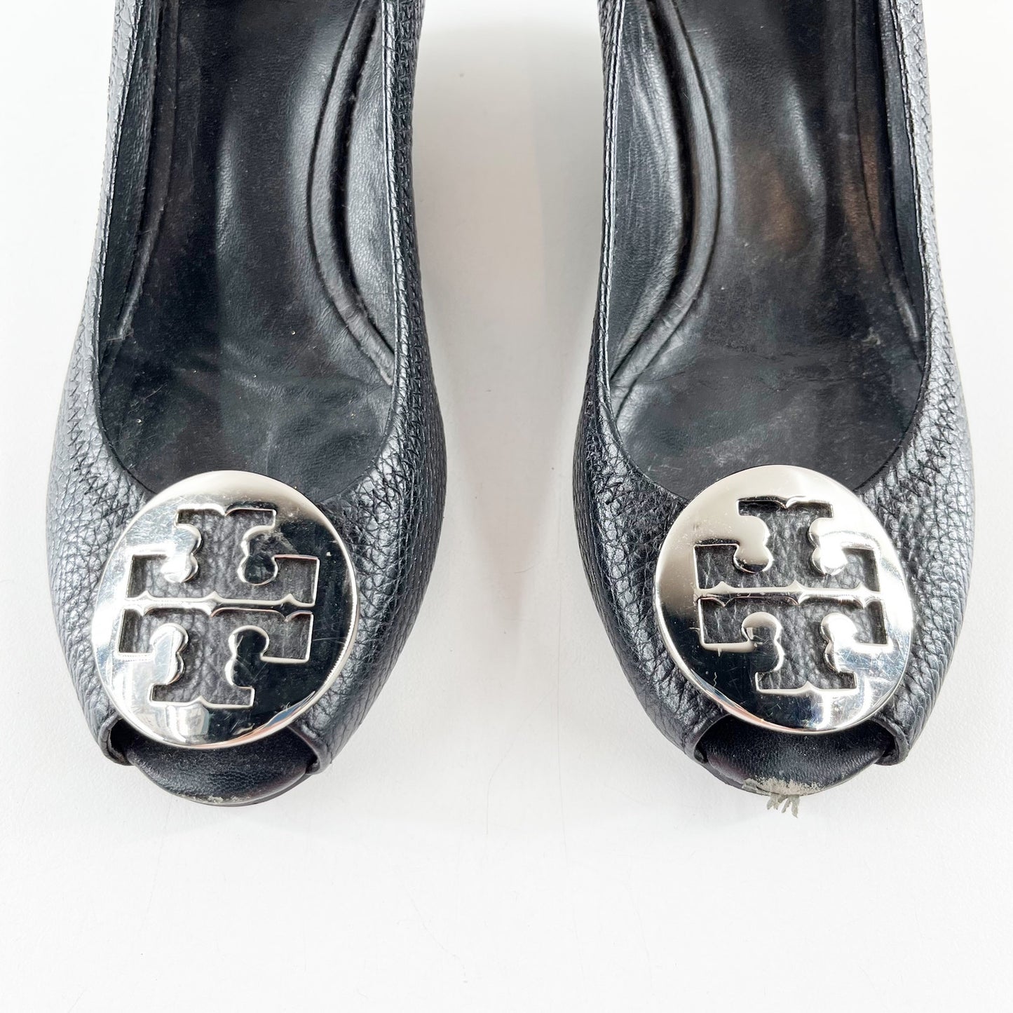 Tory Burch Sally Peep Toe Leather Wedge Pumps Shoes Black 6.5