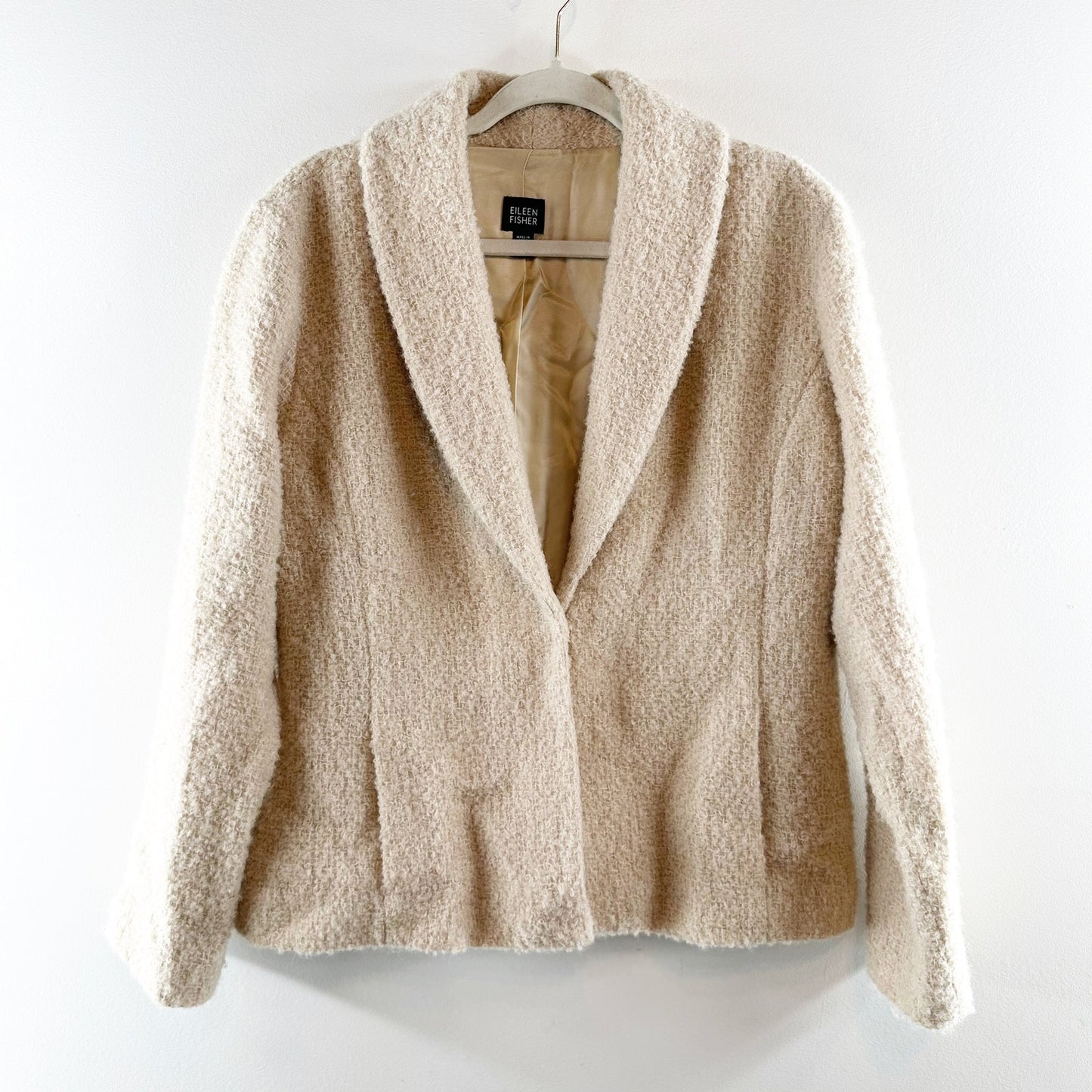 Eileen Fisher Teddy Boucle Wool Fuzzy Blazer Coat Jacket Tan Beige Large