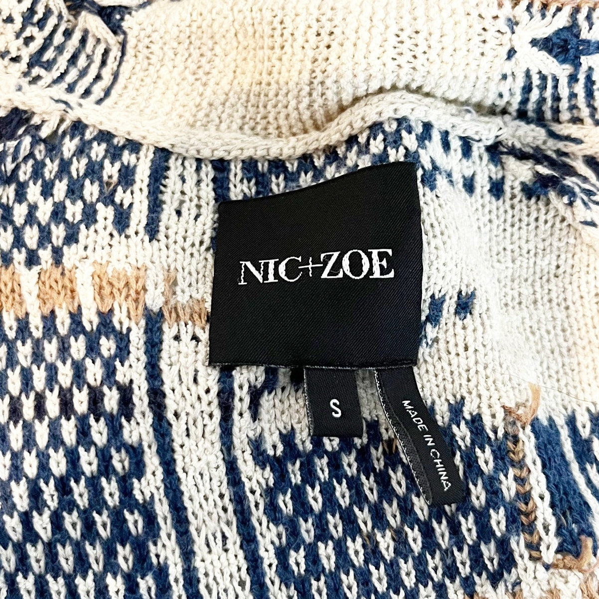 Nic + Zoe Aztec Long Sleeve Open Eyelash Trim Cardigan Sweater White Blue Small