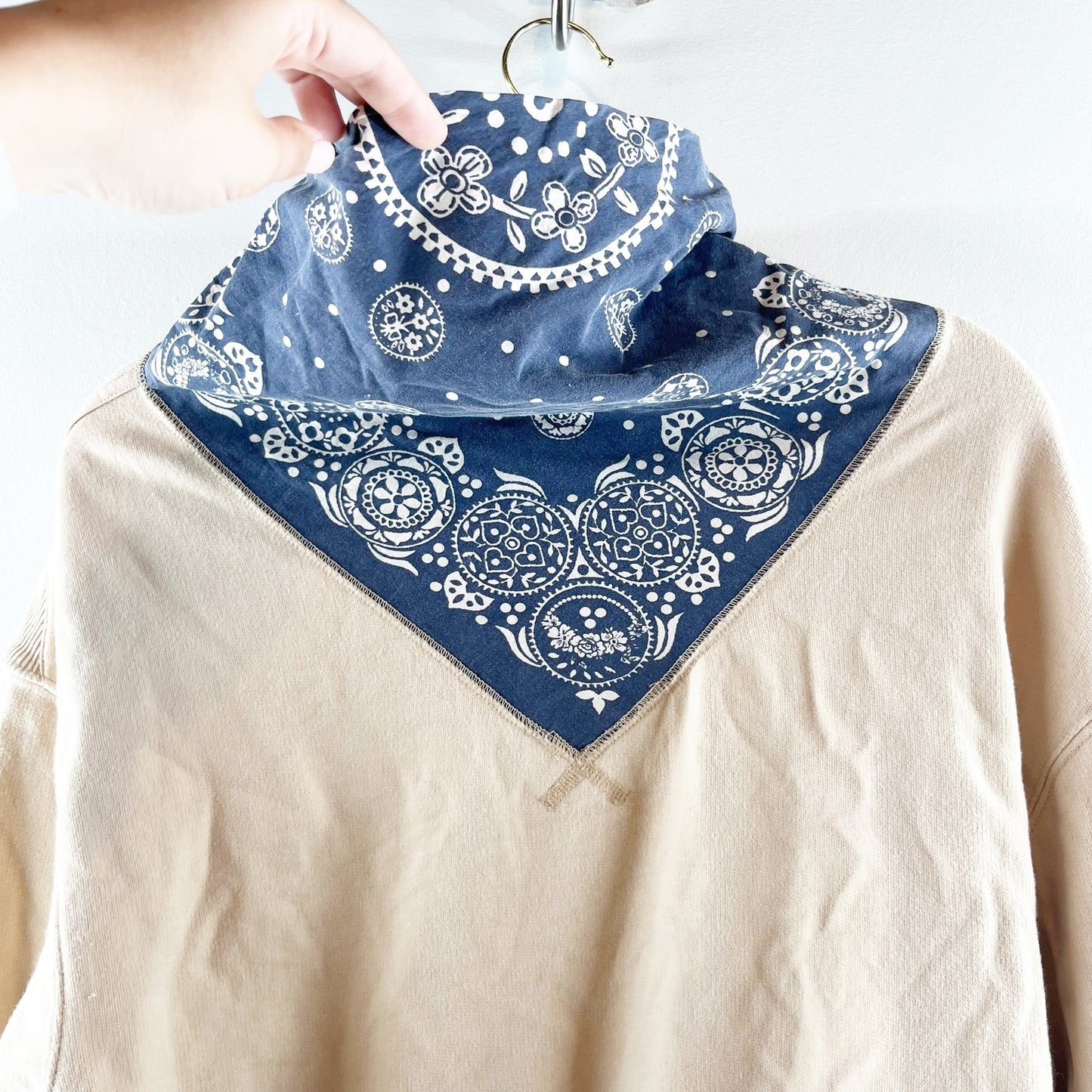 Free People James Bandana Print Cowl Neck Pullover Sweatshirt Ecru Combo XS