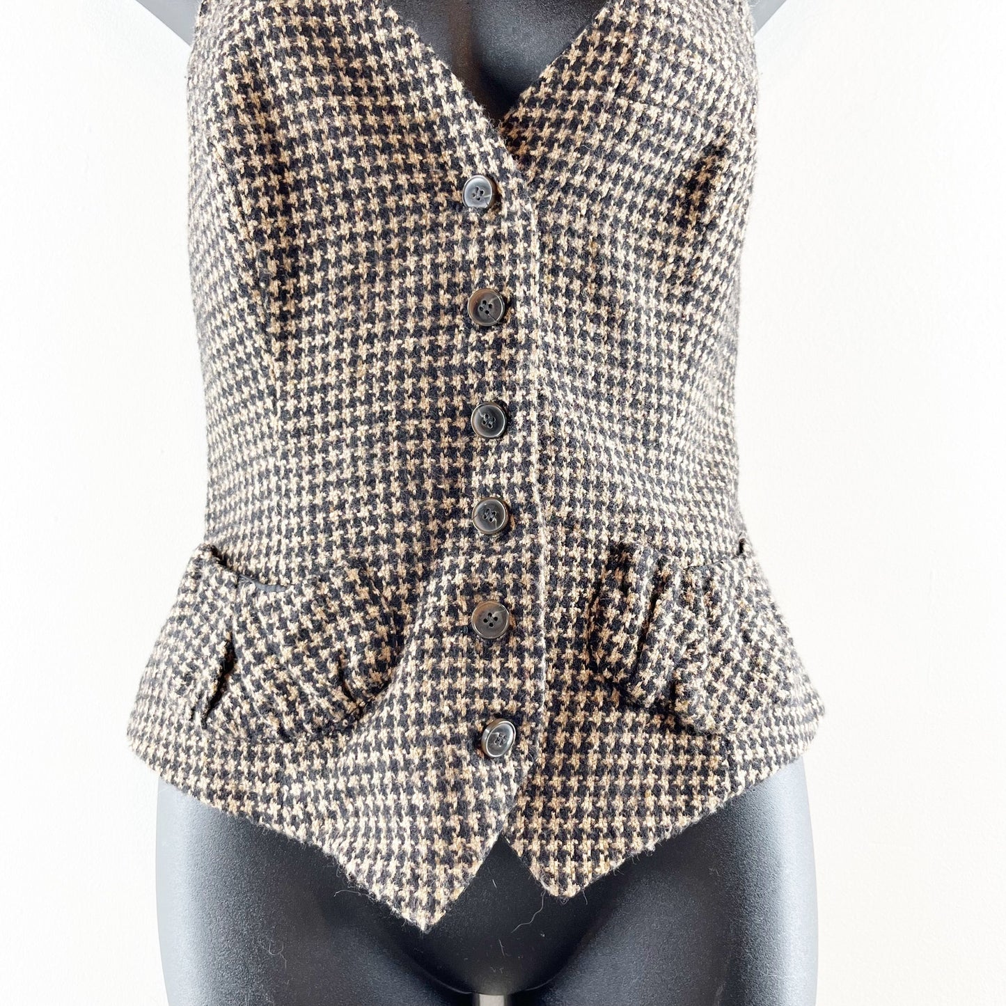 Anne Fontaine Paris Houndstooth Sleeveless Halter Waistcoat Vest Tan Black 40