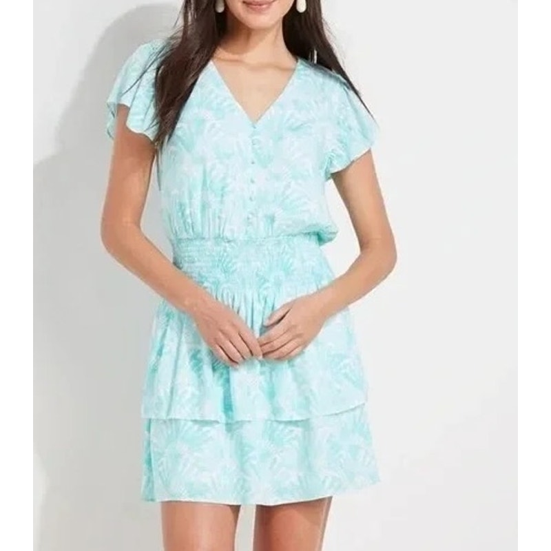 Vineyard Vines Short Flutter Sleeve Tiered Smocked Waist Mini Dress Mint Green S