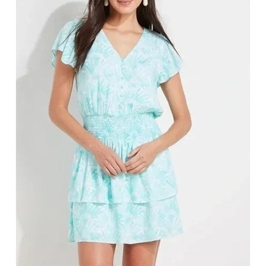 Vineyard Vines Short Flutter Sleeve Tiered Smocked Waist Mini Dress Mint Green S