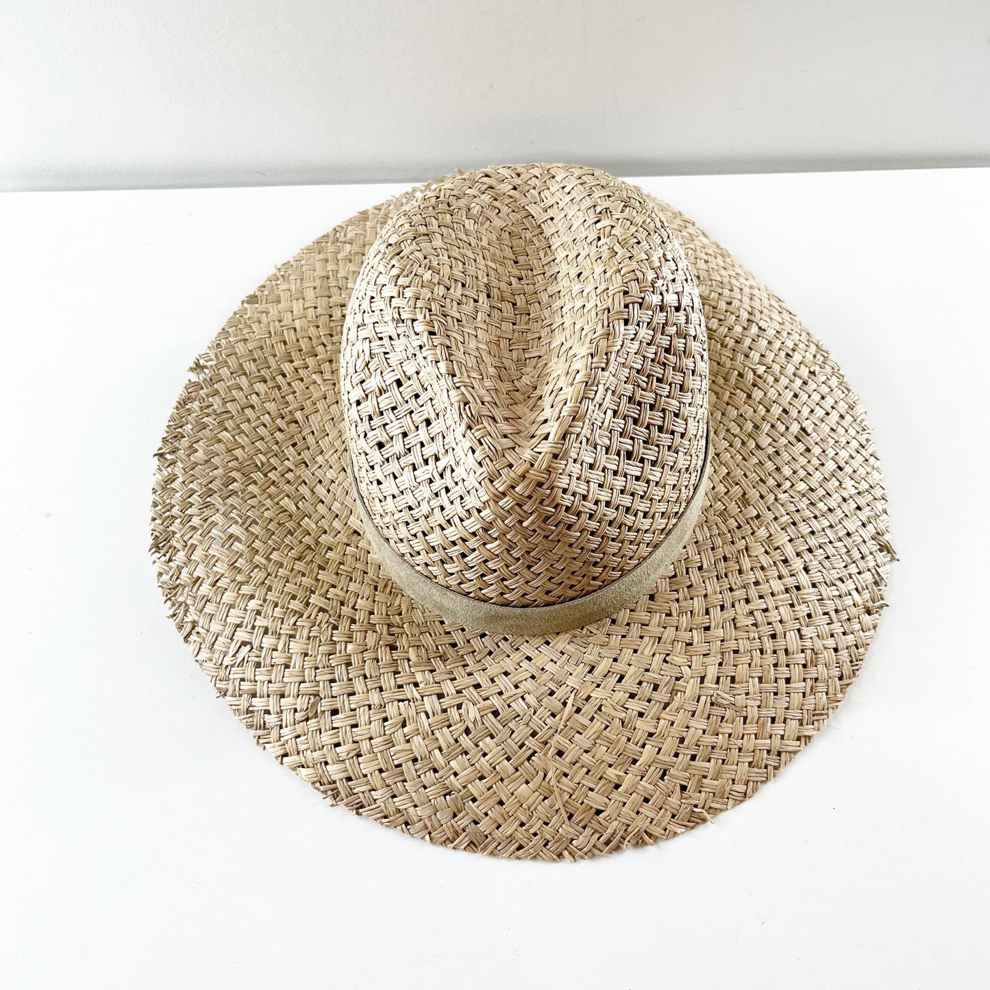 Janessa Leone 100% Natural Seagrass Straw Wide Brim Fedora Sun Hat Beige Small