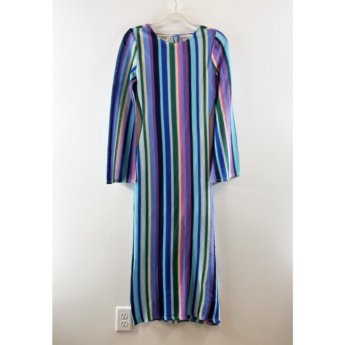 VICI Long Sleeve Striped Rainbow Crochet Cover Up Dress Blue XS