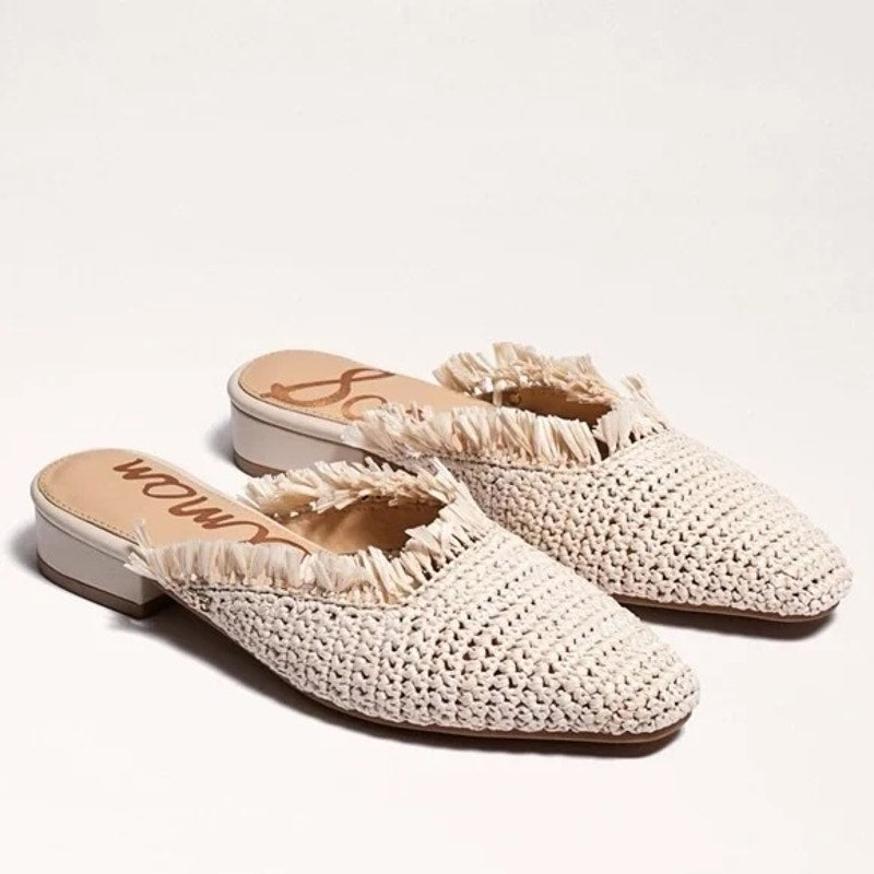 Sam Edelman Reeta Raffia Fringe Boho Square Toe Mule Loafer Cream 10
