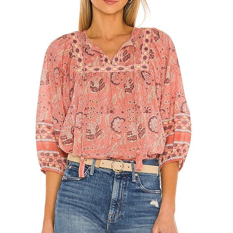 Cleobella Amarills Floral Blouson Sleeve Split Neck Blouse Top Cherry Blossom S
