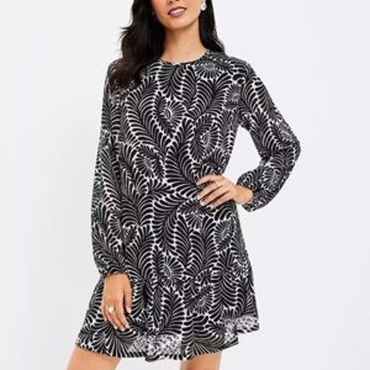 LOFT Fern Printed Flounce Long Sleeve Mini Swing Dress Black Medium Petite