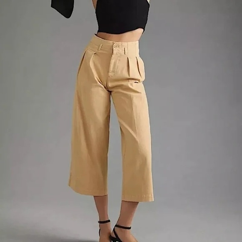 Maeve Anthropologie Remi Pleated High Rise Wide Leg Cropped Pants Tan Khaki 0