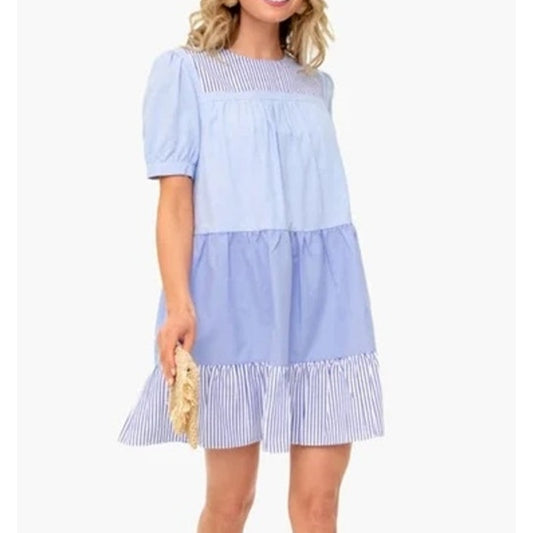 Pomander Place Tuckernuck Quinn Short Puff Sleeve Tiered Mini Dress Blue Small