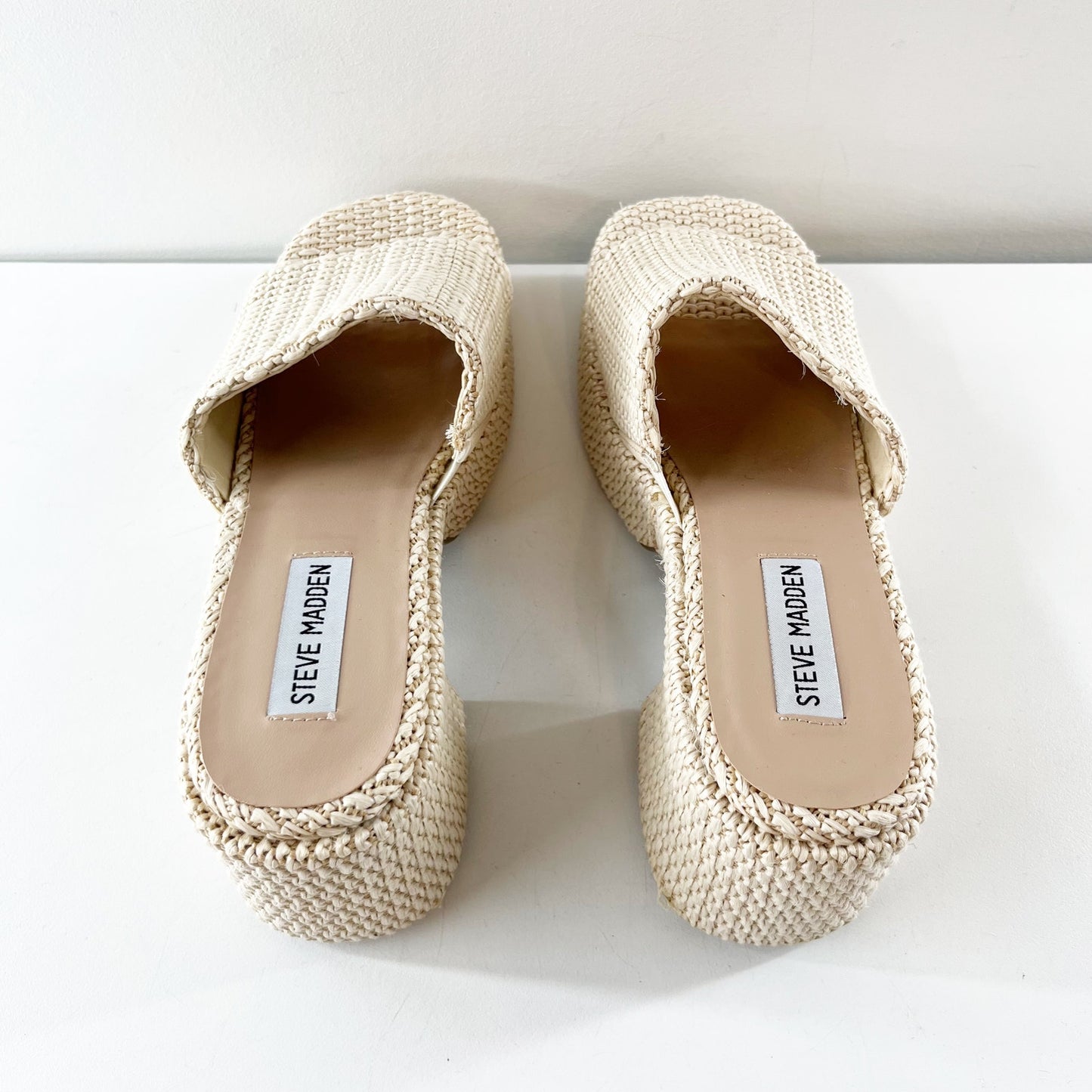 Steve Madden Troyye Platform Block Heel Raffia Sandals Bone Tan