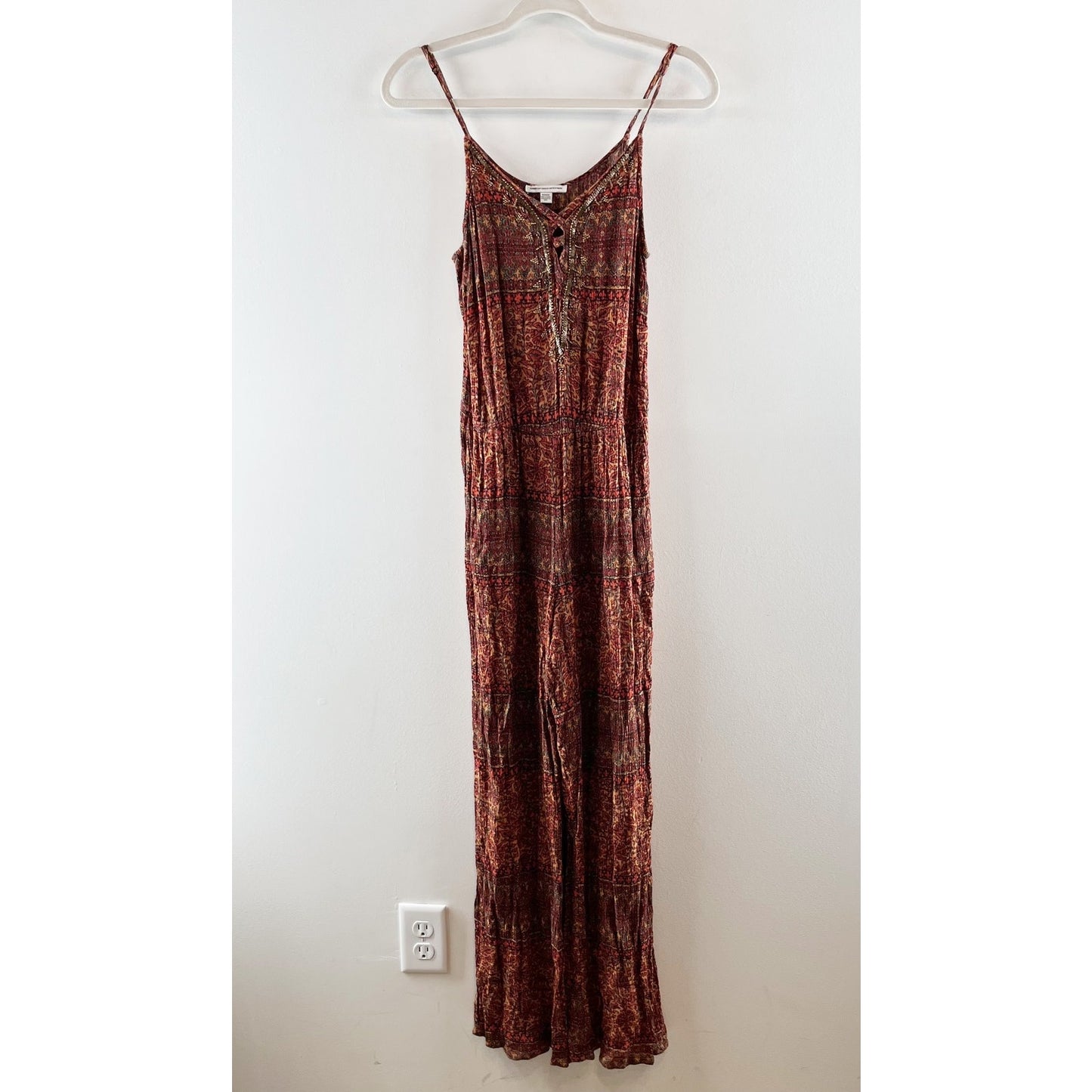 American Eagle Wide Leg Boho Print One Piece Sleeveless Jumpsuit Red Orange M