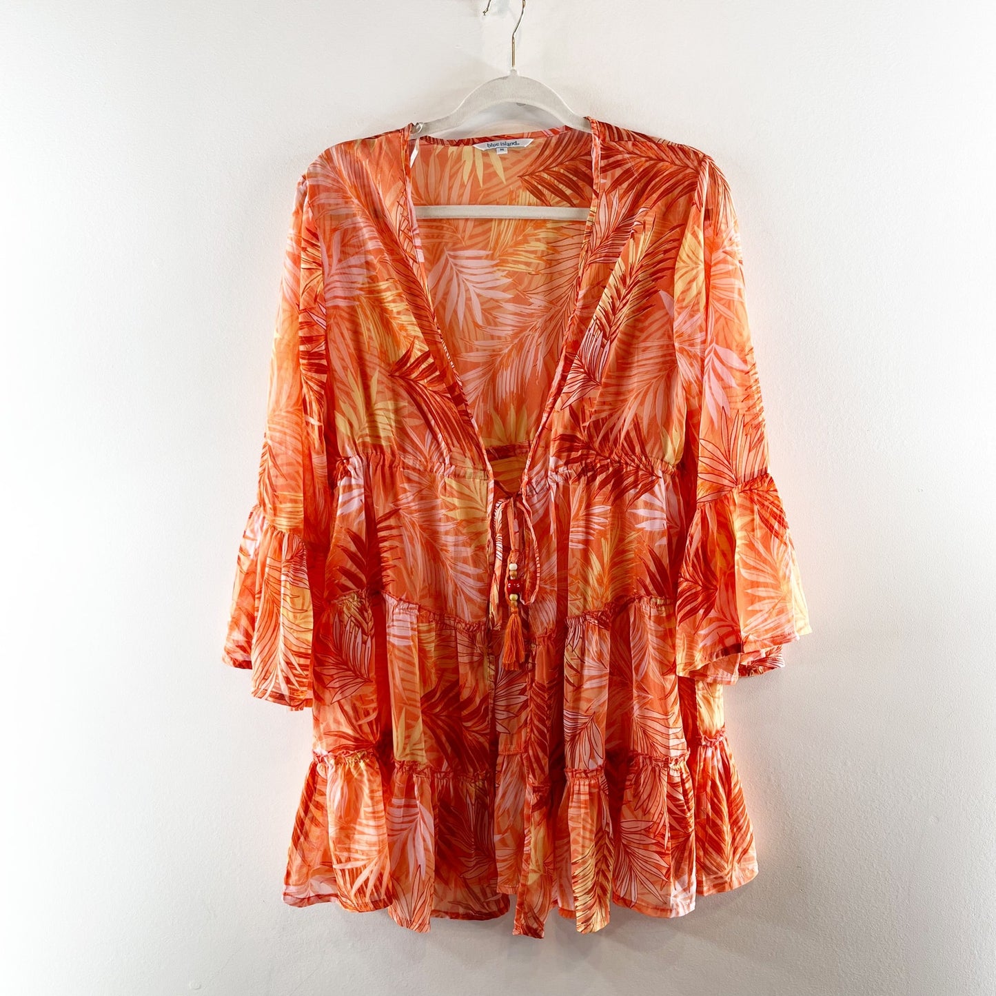 Blue Island Tie Front Tropical Mini Dress Cover Up Orange Medium