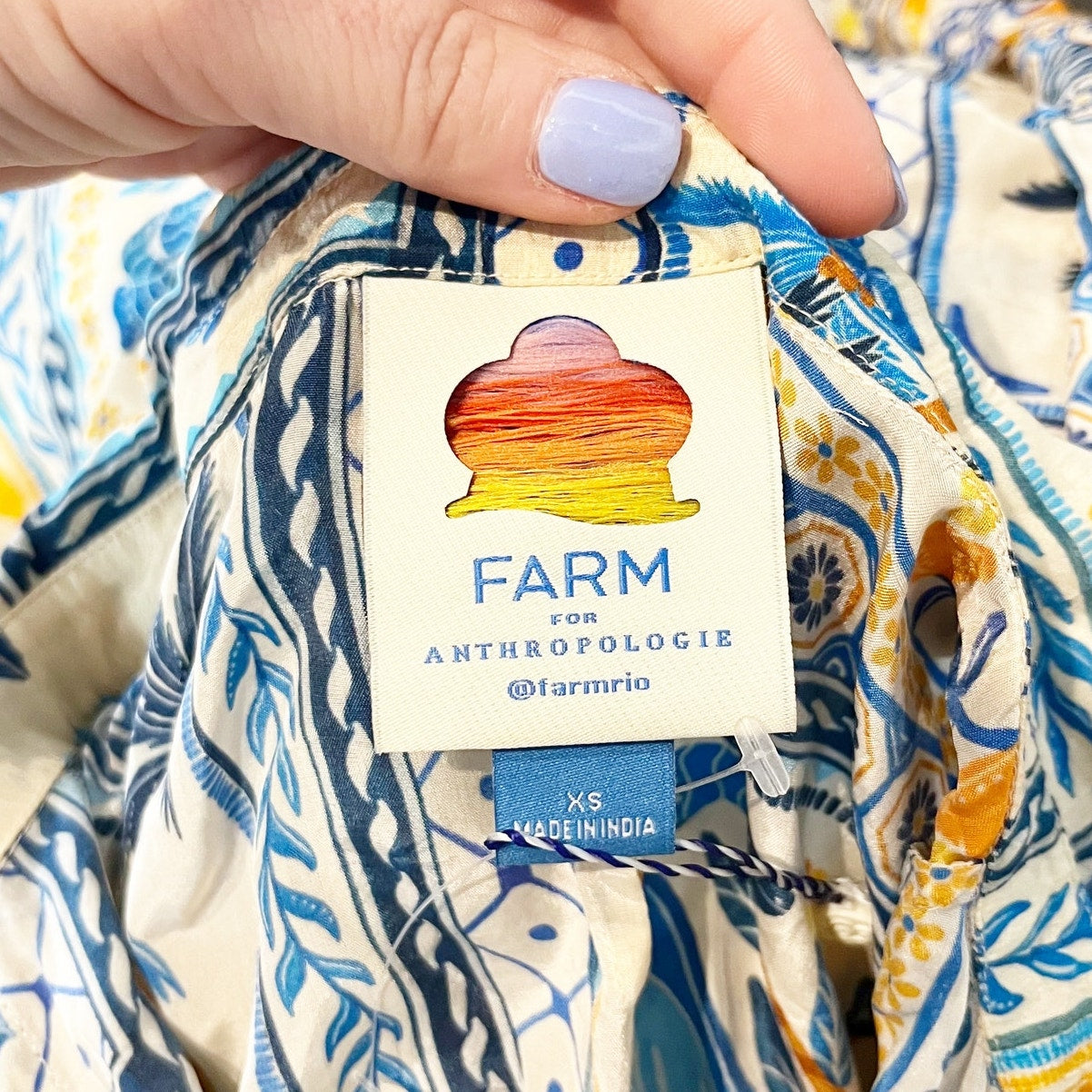 Farm Rio Long Sleeve Tropical Printed Button Down Shirt Blouse Blue Yellow XS
