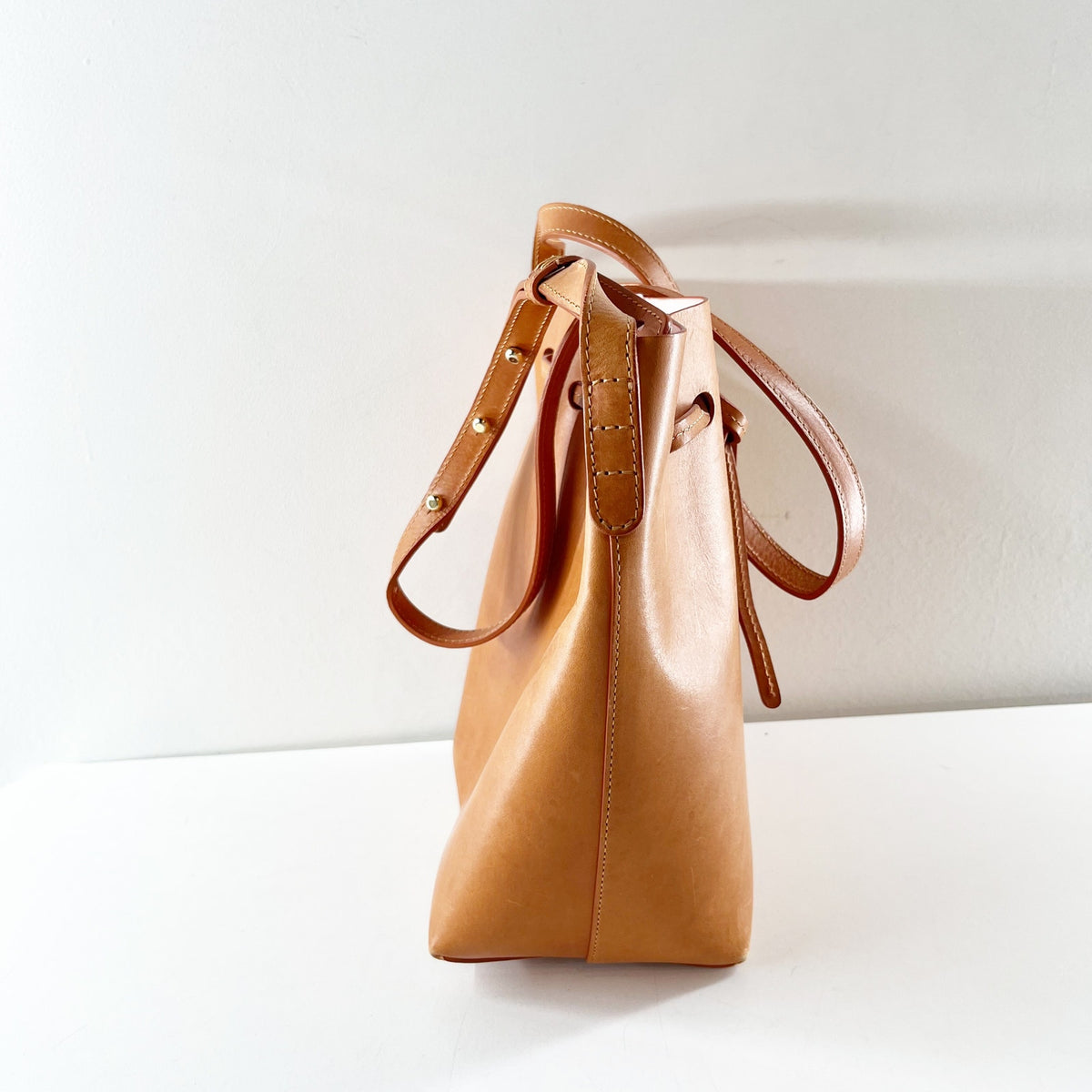 Mansur Gavriel Leather Crossbody Bucket Bag Purse Cognac Brown Tan