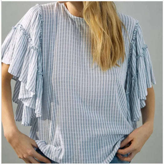 Pilcro Anthropologie Striped Short Ruffle Sleeve Blouse Top Blue White