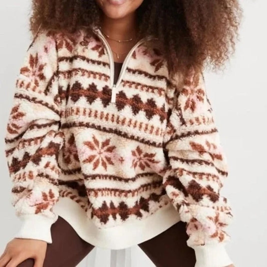 Aerie Hometown Holiday 1/4 Zip Fair Isle Sherpa Fleece Pullover Jacket White S