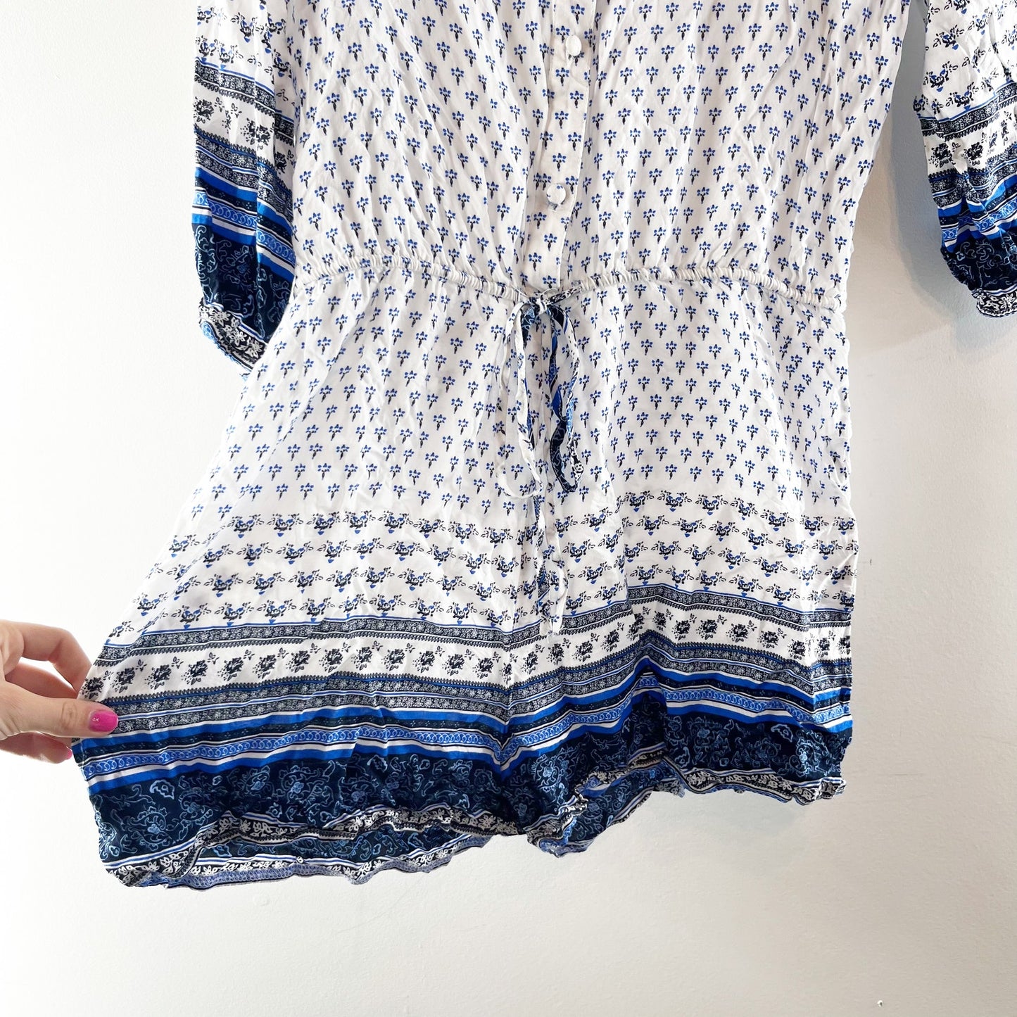 Solitaire Swim 3/4 Sleeve Printed Boho Romper Swim Cover Up White Blue Medium